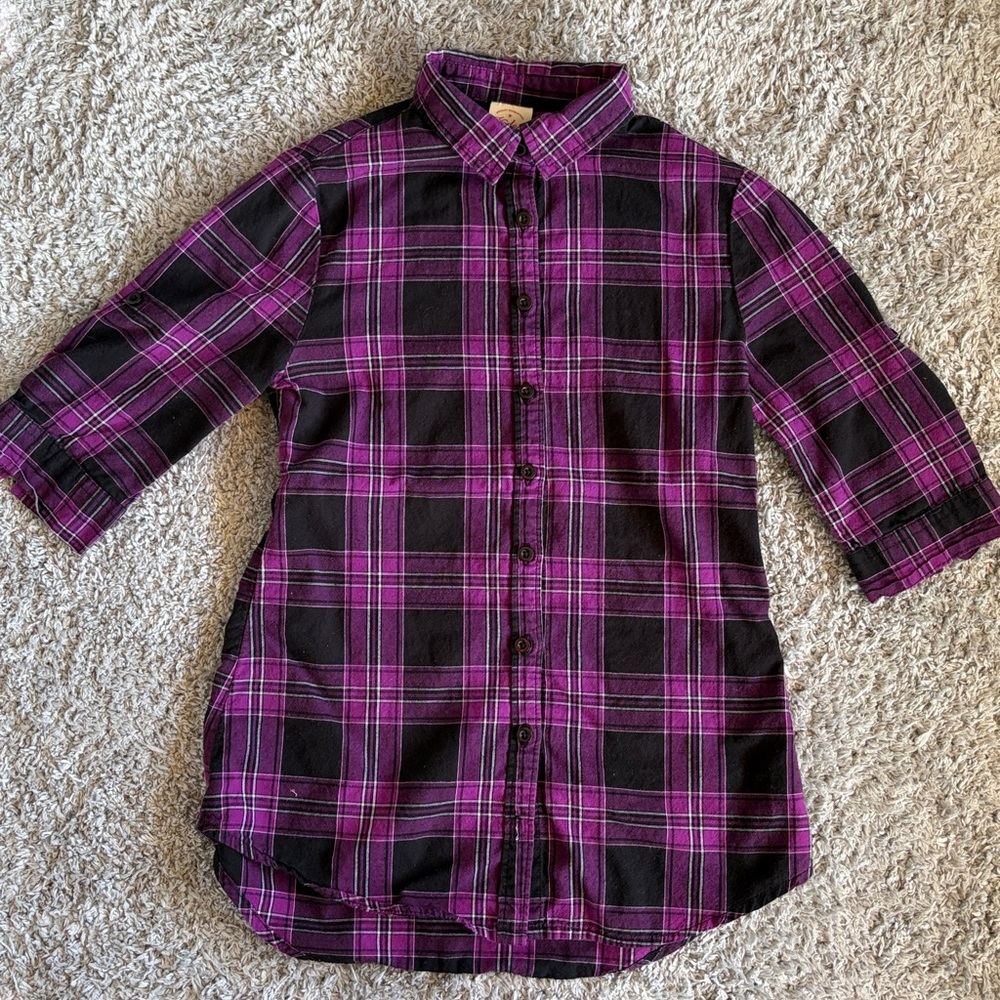 ✨5/$15✨ Faded Glory•Girls’ 3/4 Sleeve Plaid Shirt | Purple/ Black | 6x